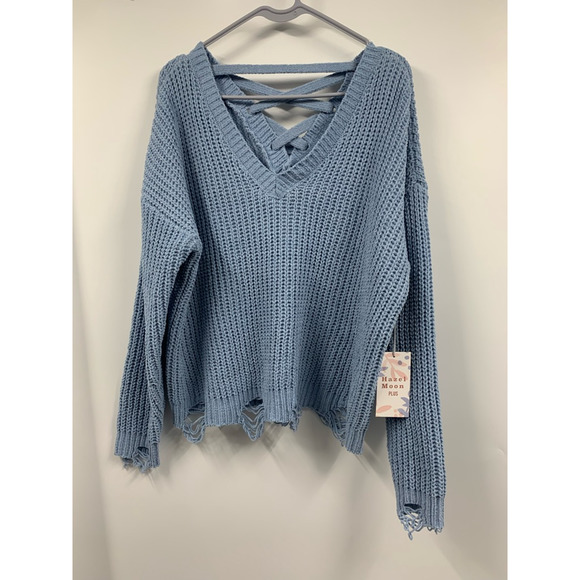 Hazel Moon Sweaters - Hazel Moon Womens Pullover Sweater Blue Crisscross Back Distressed Plus 1X New